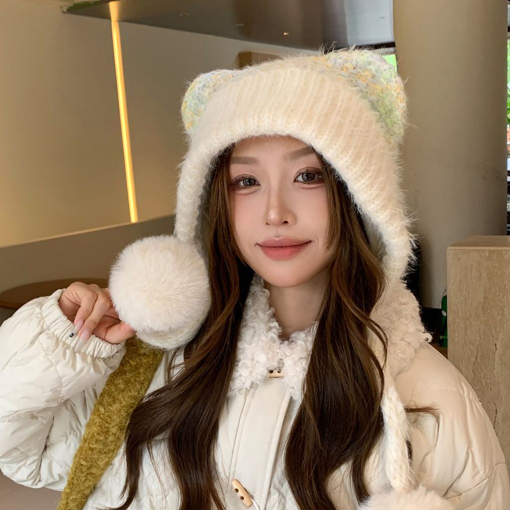 New Arrival Japanese Cute Women's Hat Autumn Winter Beanie, Plush Ear Warm Knitted Hat