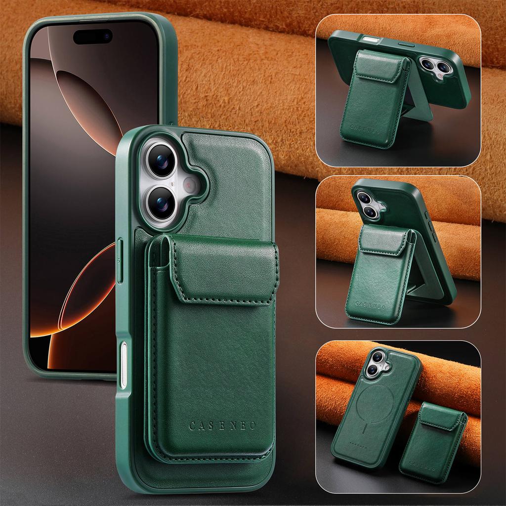 CASENEO For iPhone 17 Magnetic Case PU Leather PC Phone Cover with Detachable Card Holder Kickstand Compatible with MagSafe