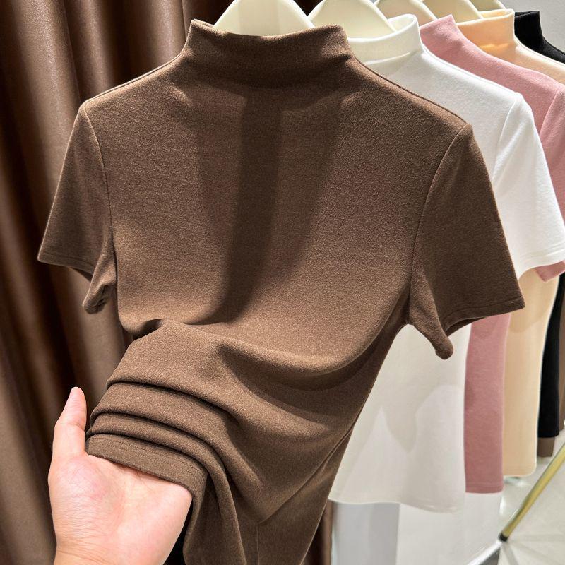 2026 Women's Double-Sided Slim-Fit Half-High Collar Base Layer Top, Thickened, Short-Sleeved, High-End Feel.
