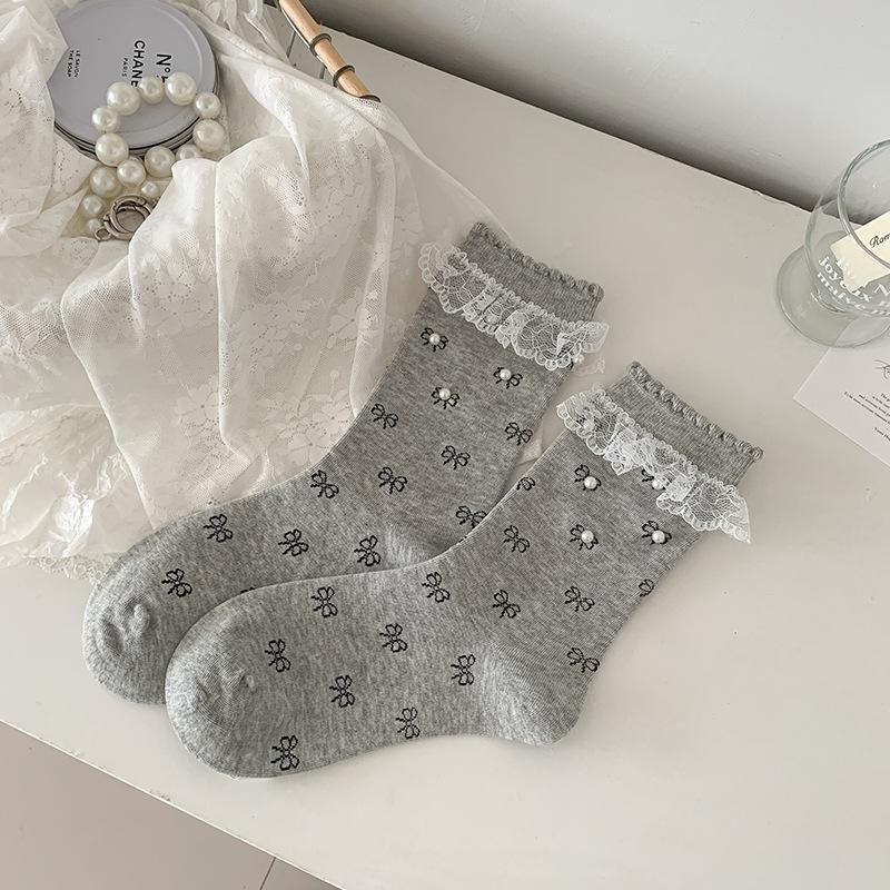 Female Spring and Autumn Sweet Lace Lace Pin Bead Bow Ballet Style Boneless Drum Pile Socks