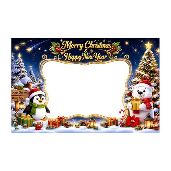 Christmas Celebration Photo Accessories Cartoon Booth Frame Banner, Xmas Selfie with Elk Gift for Party Decor Penguin Bear, Holiday Handheld