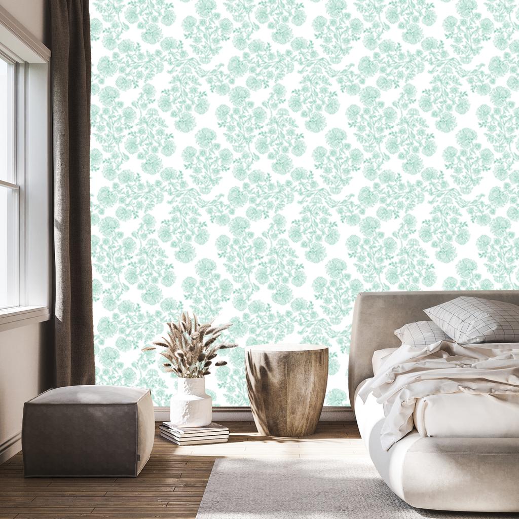White and mint flowers wallpaper, a distinctive detail for the living room and bedroom 50x1000