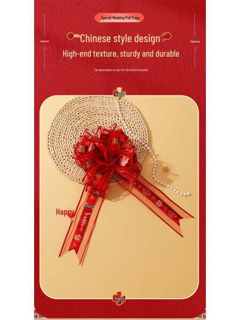 Velká stahovací mašle na schodišťové zábradlí, svatební auto a dekoraci na kolaudaci