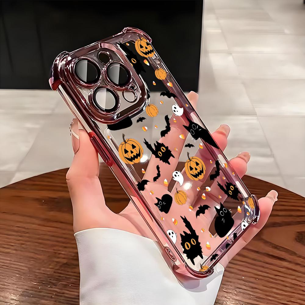 Halloween Black Cat Pumpkin Bat Pattern Phone Case For iPhone 17 16 15 14 13 12 11 Pro Max 15 16 Plus 17Air Airbag Plating Cover