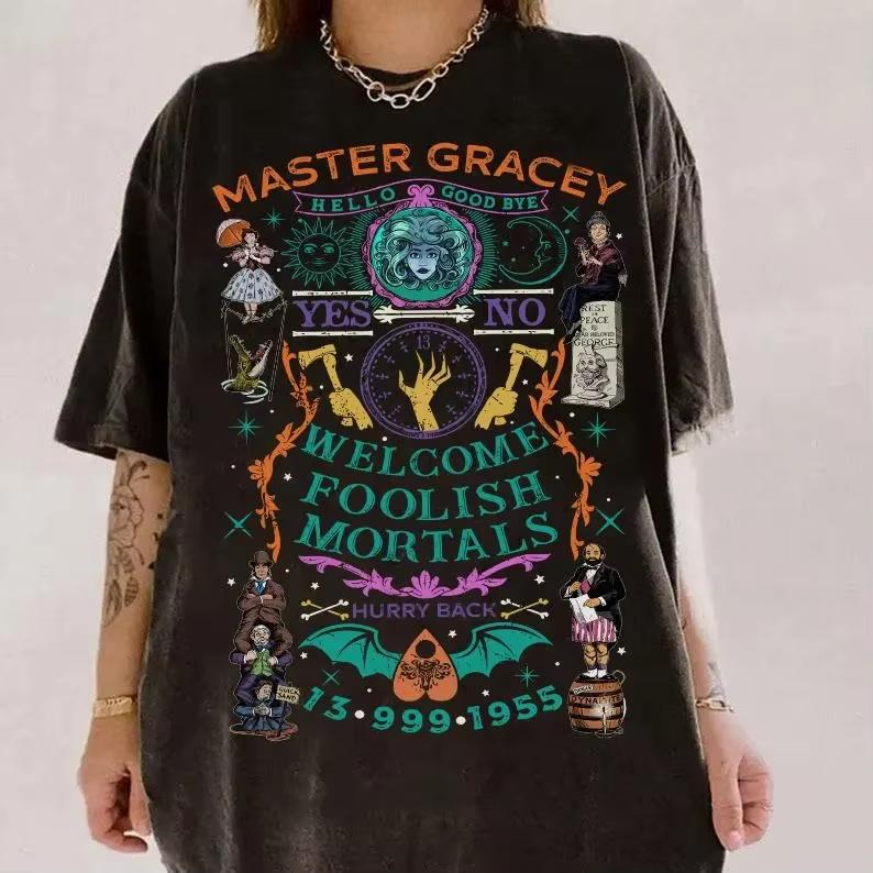 Haunted Unisexsion Stretch Room Welcome Foolish Mortals Shirt   land Party Shirt Hitchhiking Ghost Hatbox Ghost TShirt S