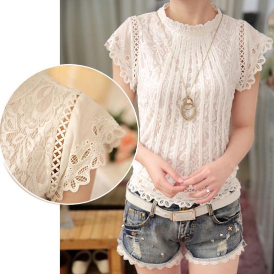 Plus Size Women Fashion Lace Crochet Short Sleeve Round Neck Blouse Shirt Top