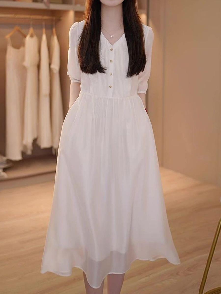 

Літо 2025 новий висококласний вишуканий ніжний та елегантний однотонний плаття жіночий вільний та тонкий простий темперамент спідниця 2XL білий
