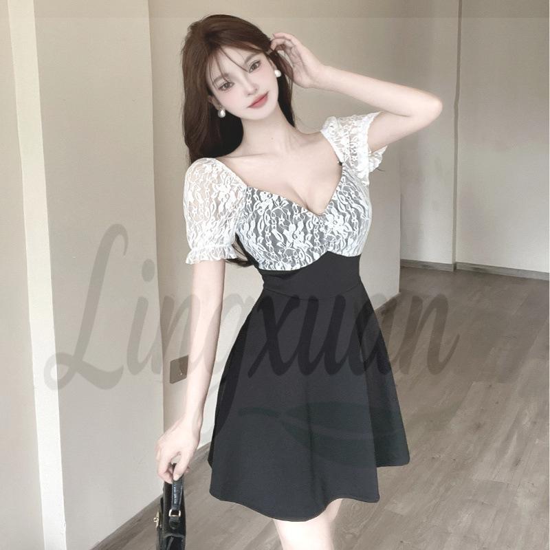 Socialite Lace Patchwork Sexy Low-Cut Cinched Waist Dress Small