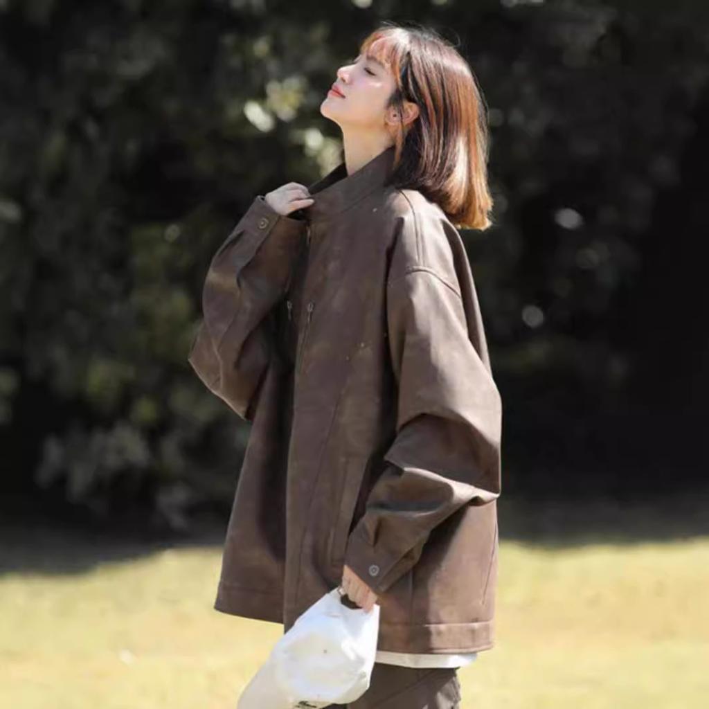 Gray Matte Leather Jacket, Men and Women Loose Stand Collar, Handsome American Autumn Short Motorcycle Suit