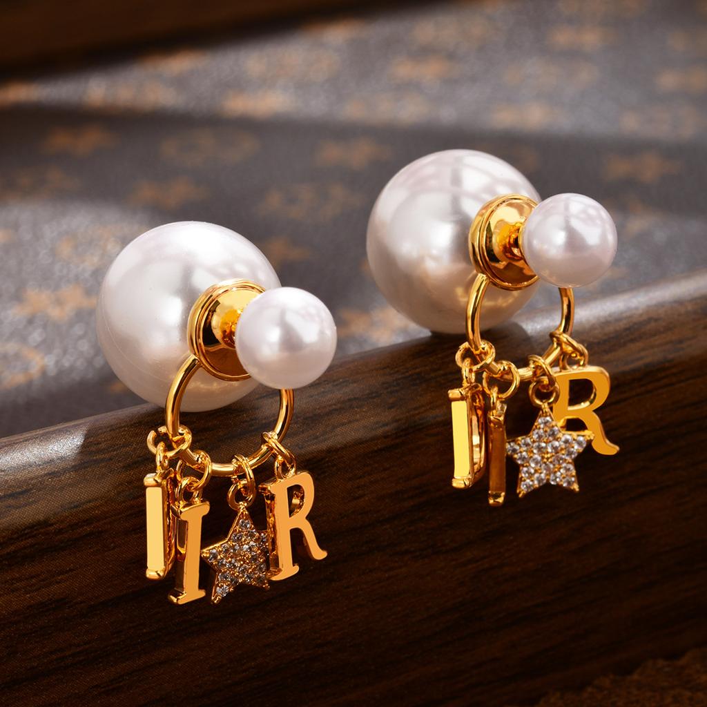 French Pearl Earrings, Full Diamond Letter Studs, Classic Statement Earrings, Luxury Jewelry