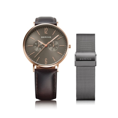 

BERING Men s & Women s (Unisex) Watch, Japan Exclusive, Brown Calf Leather & Gray Stainless Steel with Two Mesh Straps, Sapphire Crystal, Changes, 142