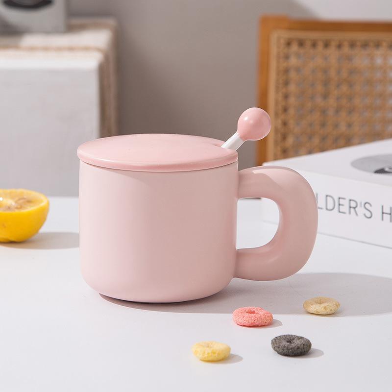 Simple Milk Fufu Ceramic Mug Big Handle with Lid Mixing Stick Coffee Cup Men and Women Breakfast Buffalo Milk Cup