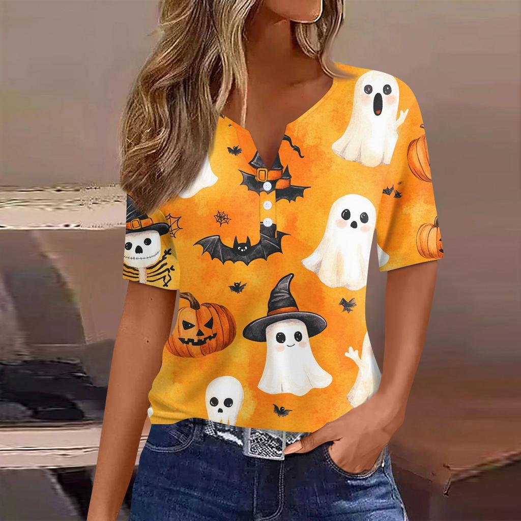 Women's T Shirt Tee Halloween Printed Button Short Sleeve Tunic Daily Weekend Fashion Basic V- Neck Regular Top