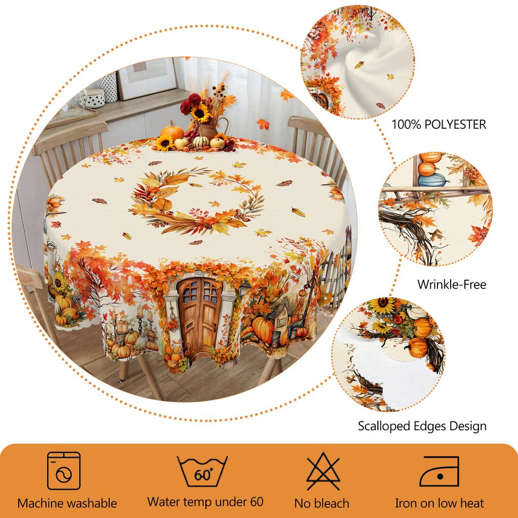 1 Piece Autum Collection Theme Round And Rectangular Tablecloth, Various Sizes, Pumpkin And Autum Fallen Leaf Print Pattern Decorative Tablecloth, Tha