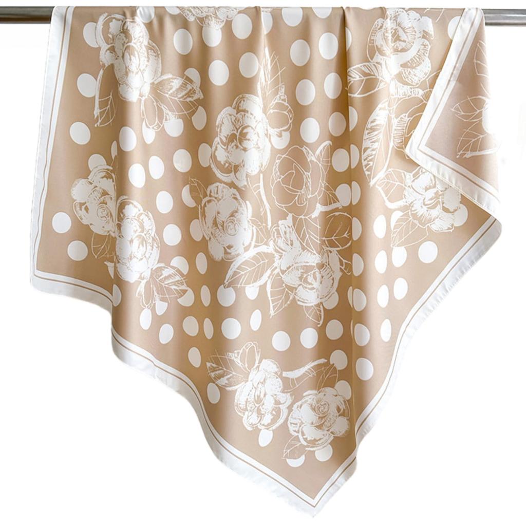 Beige Scarf 90x90 with White Polka Dots and Flowers - Delicate Elegance in a Vintage Style