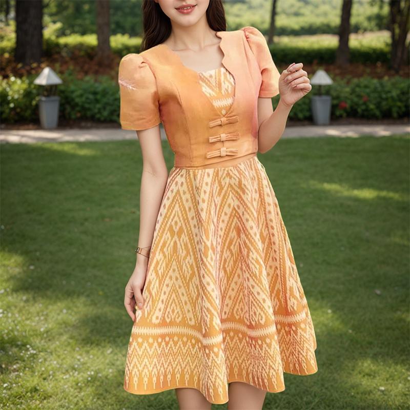 

ZANZEA Женское летнее повседневное платье с квадратным вырезом, короткими рукавами и принтом S оранжевый