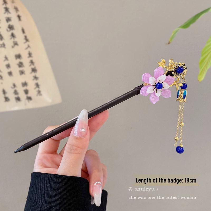 High-End Chinese Wooden Hairpin with Tassels – Ancient Style Ebony Faux for Women