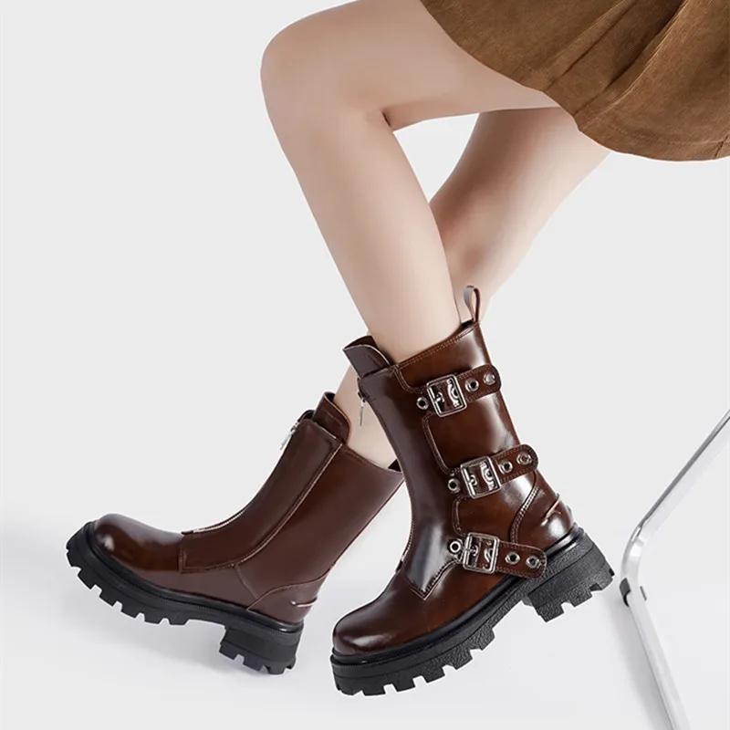 Fashion Rivet Belt Buckle Chunky Heeled Leather Ankle Boots Women Fall Winter Platform High Heels Punk Motorcycle Boots Shoes
