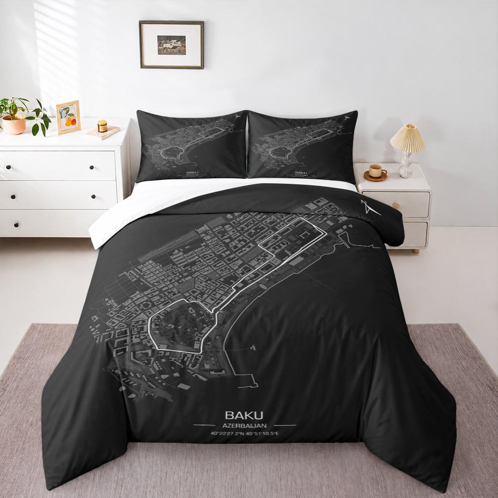 Baku City Circuit Map Dark Bedding set (1 duvet cover, 2 pillowcases, duvet not included), Azerbaijan Street Track Topographic Art Print