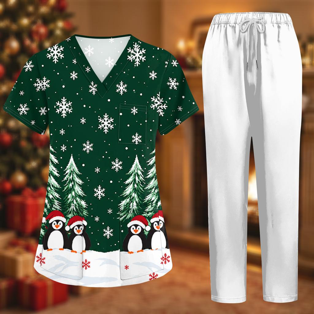 Women's Uniform Set with Short Sleeve Christmas Print Top and Pants, Two-Piece Caregiver