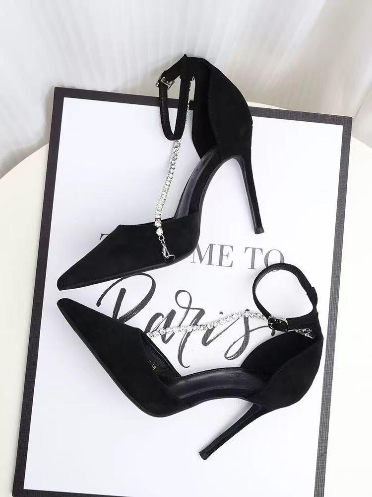 Women's Black Stiletto Heels 2025: Fashionable Pointed Toe, One-Strap Buckle, Rhinestone Closed-Toe Sandals.