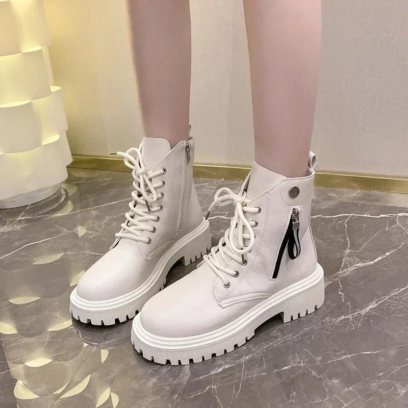 Fashion Women's Shoes 2024 Fashion Lace Up Zipper Women's Boots Autumn Round Toe Solid Platform Water Proof Fashion British Style Boots