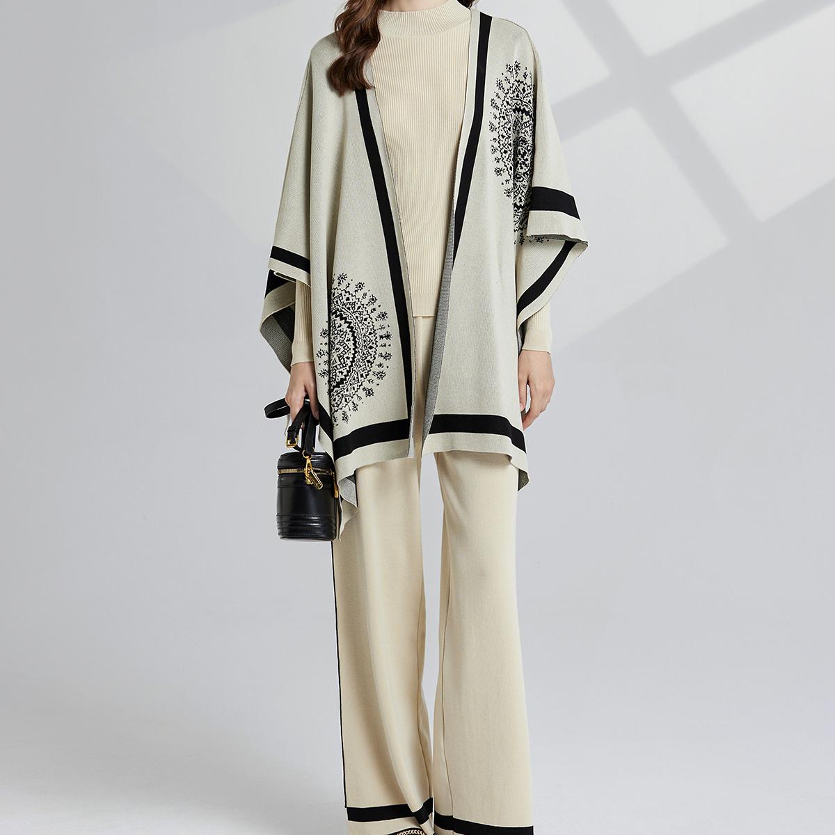 

Элегантный цветочный узор вязаный костюм-тройка осень-зима трикотажный топ и широкие брюки комплект повседневный комплект из 3 предметов шали для женщин One Size бежевый