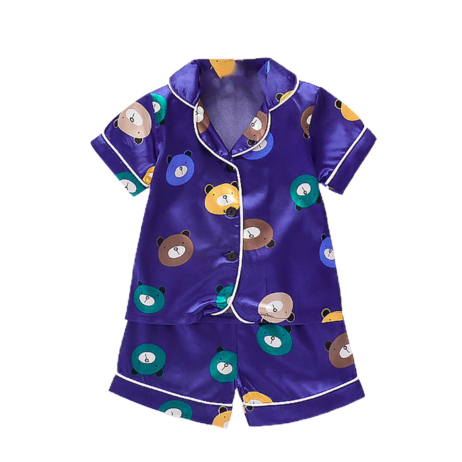 

Детские пижамы для мальчиков и девочек, атласная одежда из двух предметов, летняя одежда с короткими рукавами + шорты M синий