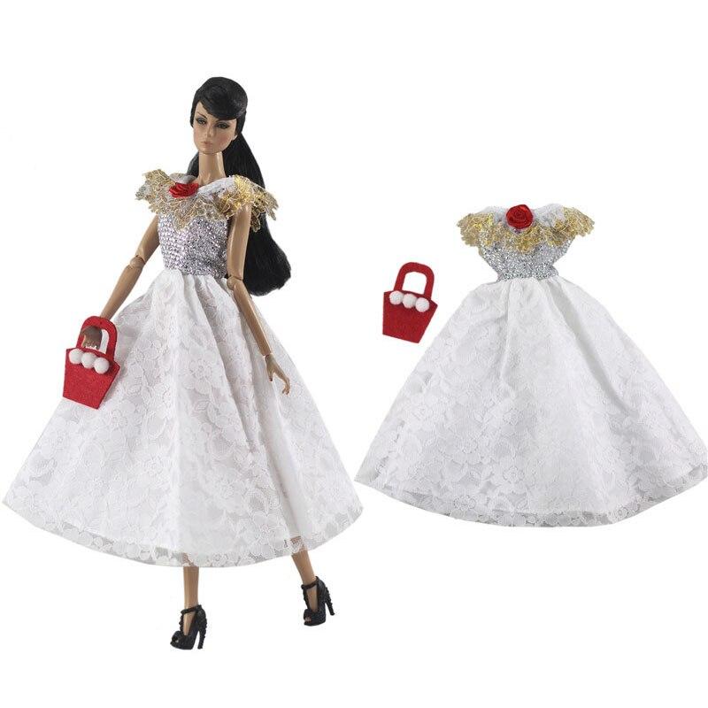 White Gold Party Dress For Barbie Doll Clothes Outfits & Purse Princess Gown For Barbie Dollhouse Kids Toys 1:6 Doll Accessories