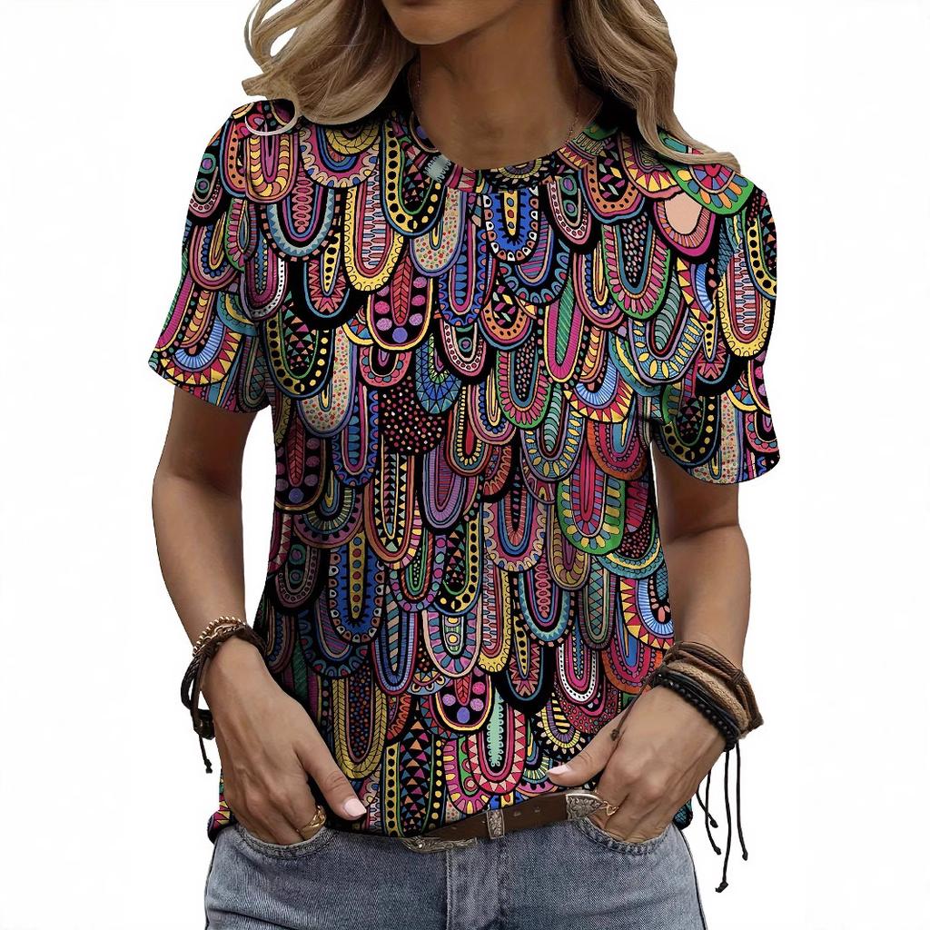 Summer Round Neck 3D Ethnic Style Print Top Fashionable Casual Short Sleeved Women's T-shirts
