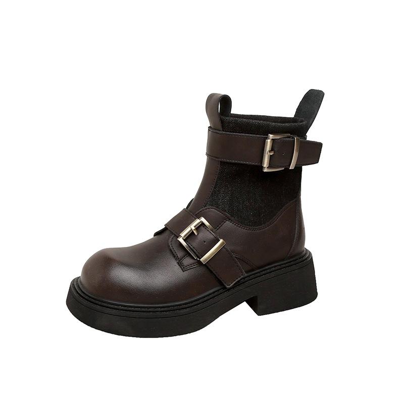 

Платформа ботинки мартин женские 2025 осень и зима новый стиль универсальные ретро пряжка ремня толстый каблук челси маленькие короткие ботинки 40