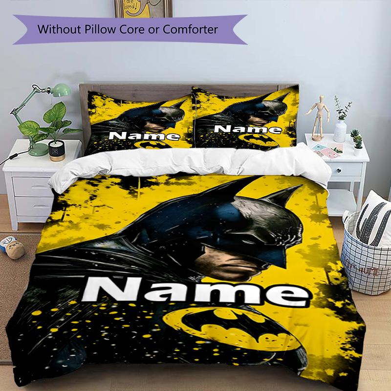 3pcs Duvet Cover Set (1*Duvet Cover + 2*Pillowcase, Without Core), Custom Name Batman Pattern Bedding Set, Home Bedroom Decor Gift