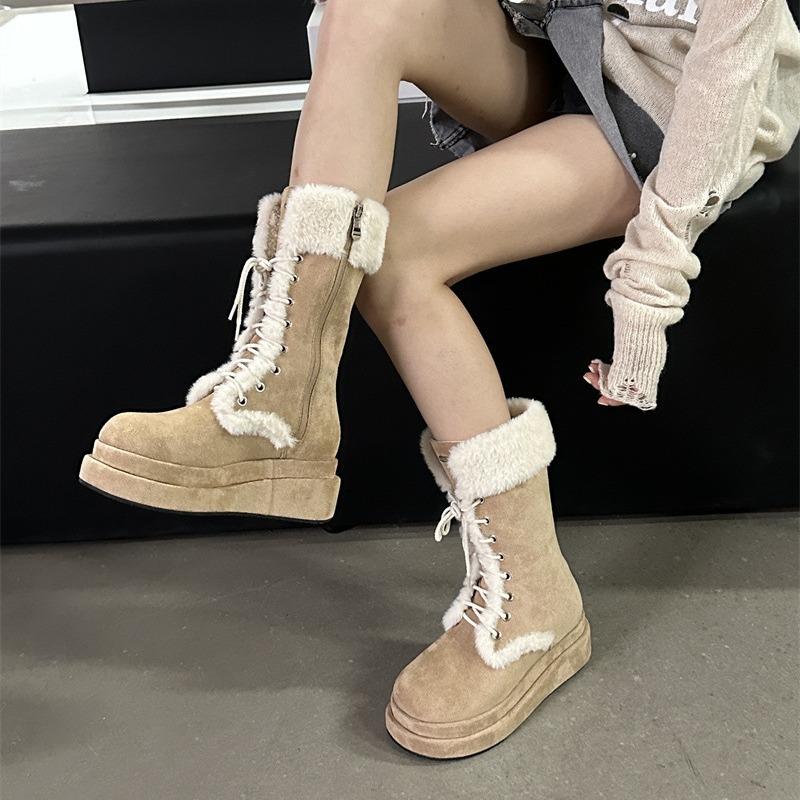 Fashion Thick-soled Snow Boots Women's Medium Boots Autumn and Winter Piled Thickened Thermal Shoes Martin Boots Fluffy Shoes Cotton