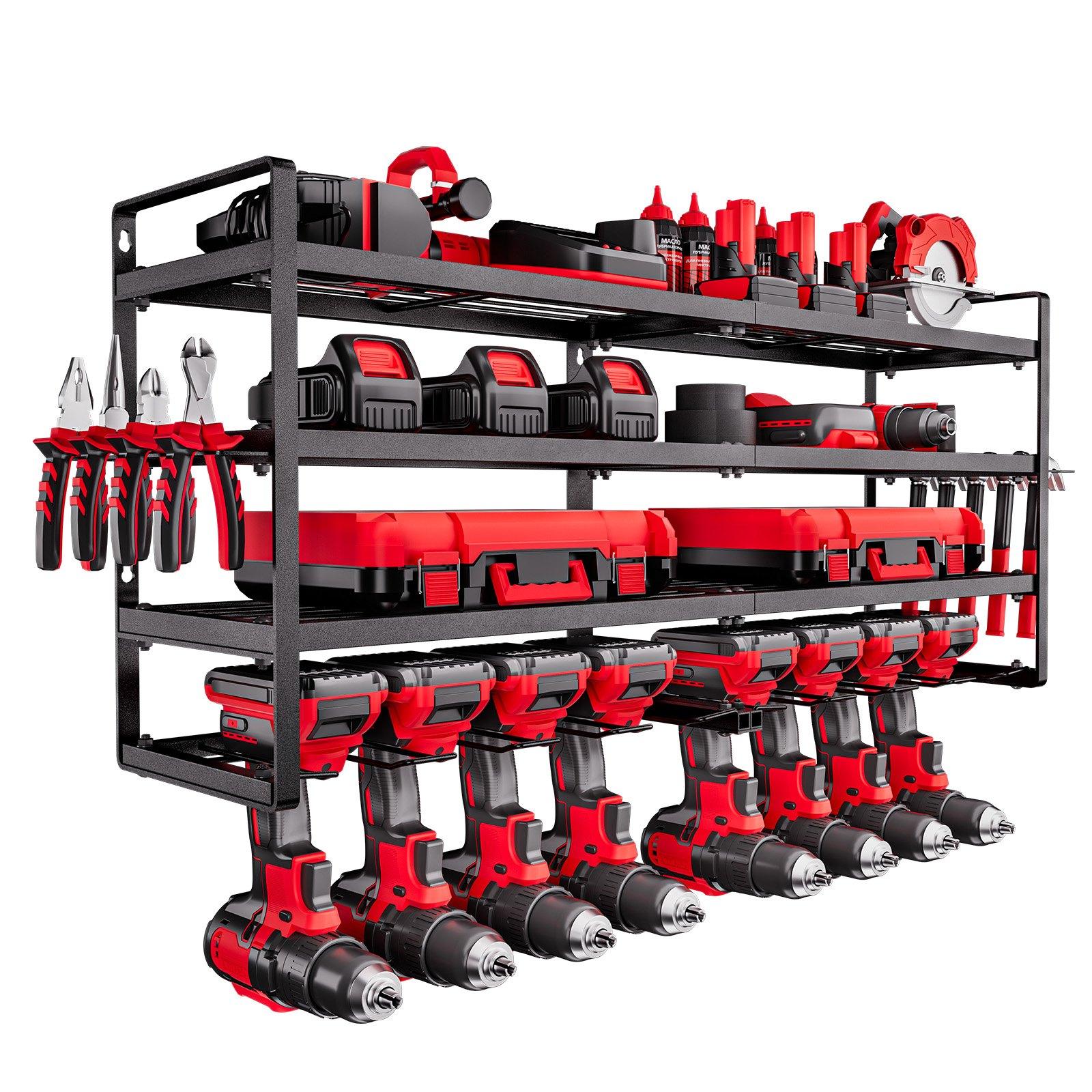 Organizator scule electrice VEVOR cu montare pe perete, Raft de depozitare cu 4 niveluri cu 8 suporturi pentru bormașini, Suport pentru scule și Raft de depozitare cu suport pentru șurubelnițe 92.8 x 20 x 42 cm negru