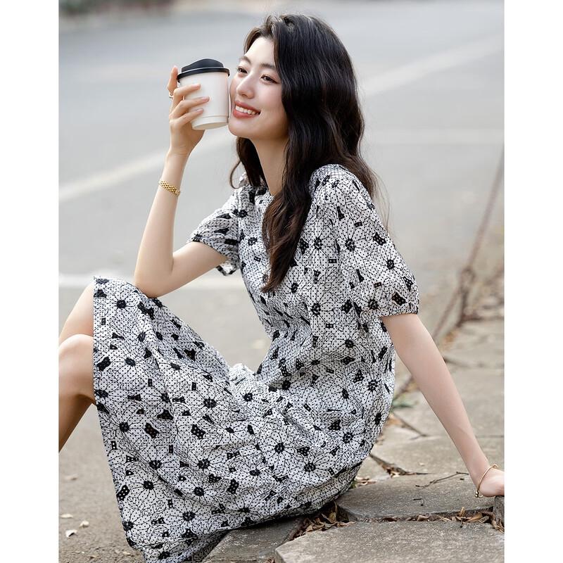 Demana Elegant V-Neck Embroidered Puff Sleeve A-Line Cotton Midi Dress L