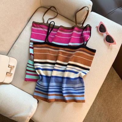 Elastyczny prążkowany top bez rękawów z nadrukiem tęczy w blokach kolorystycznych, dzianinowy, casualowy, z okrągłym dekoltem, odzież damska, crop top