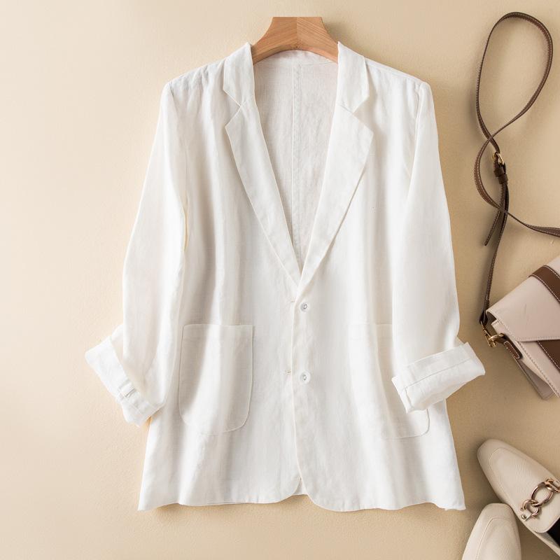 Spring Summer Button Cotton Linen Suit Thin Cardigan Jacket Women Outwear