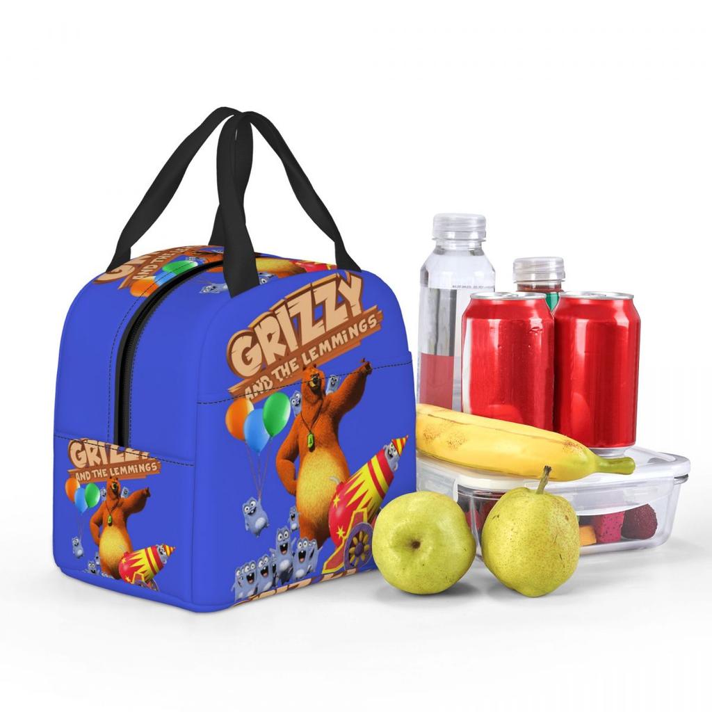 Grizzy und die Lemminge Zeichentrick Anime Isolierte Lunchtasche für Damen Kinder Tragbare Lebensmittelboxen Thermische Lunchbox Tragetasche