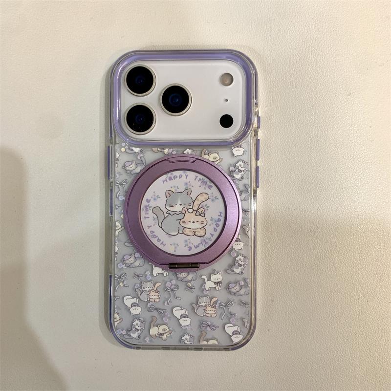 

New 2026 Cute Cartoon Cat Rabbit Phone Case For iPhone 17 Pro 16 15 14 Pro Max with 360° Stand Magnetic Shockproof Cover For iPhone 17ProMax