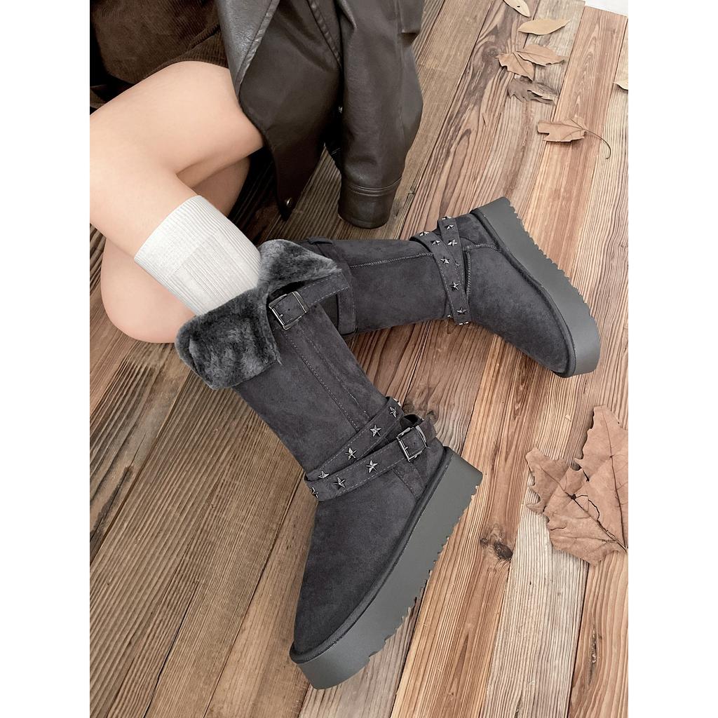 grey velvet thickened non-slip thick-soled long-tube snow boots women's winter warm retro cotton shoes