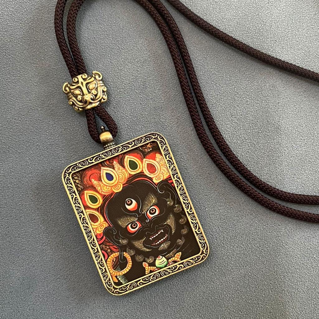 Thangka Pendant Necklace - Yellow & Black Guardian Buddha Amulet