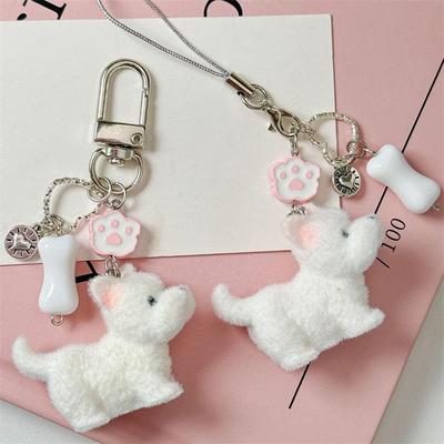 Chaveiro Pingente Cachorrinho West Highland Adorável Animal Flocado Desenho Animado Fofo Ornamentos de Mochila Cordão de Bolsa Corrente de Celular Presentes de Casal