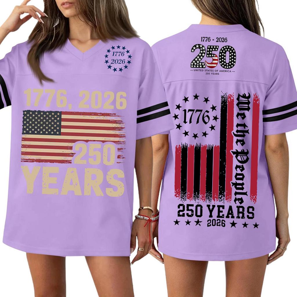 Women's Casual V Neck Jersey Shirt Short Sleeve Athletic Top 250th Anniversary Independence Day Printed T Shirt Loose Fit