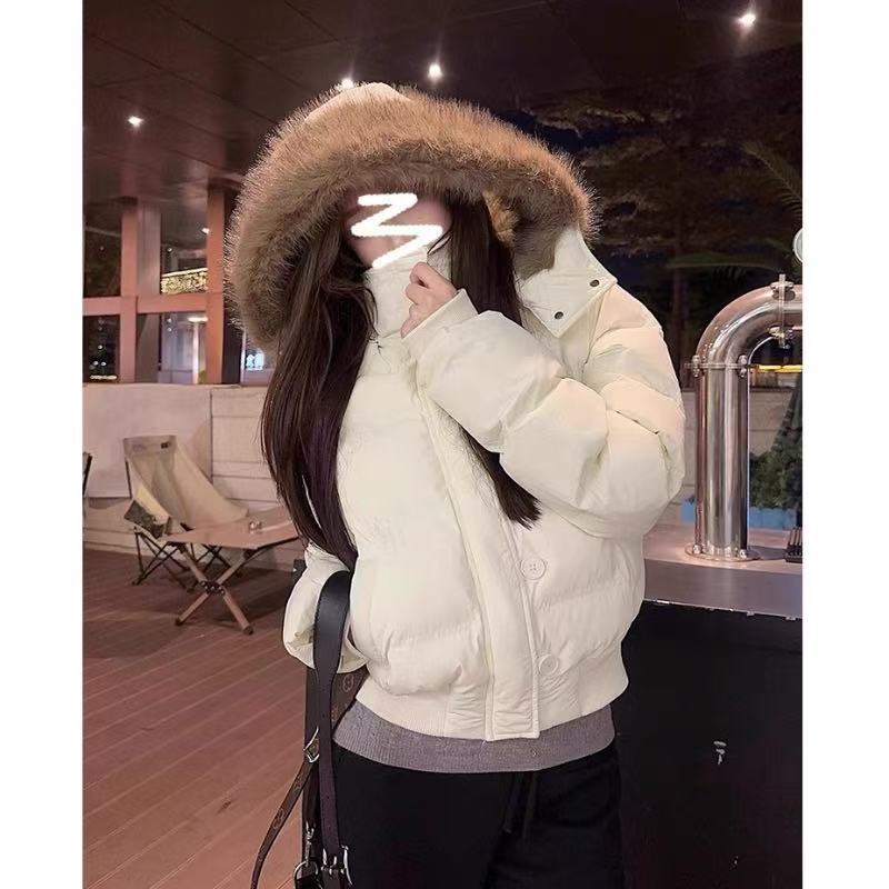 Autumn Winter Women's Fur Hooded Jacket Women Outerwear Thick Down Cotton Padded Slim Short Parkas Female Cropped Puffer Bubble Coat