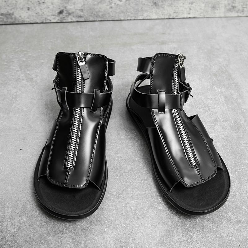 Men Black White Leather Gladiator Sandals Outdoor Summer Roman Sandals Peep Toe Beach Shoes