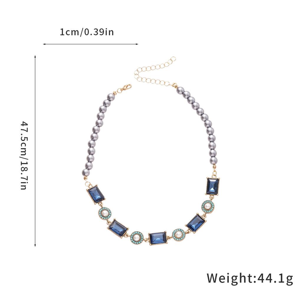 Blue Rhinestone Square Simulation Pearl Necklace for Women Vintage Collarbone Chain Sparkle Jewelry Sets