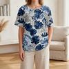 Damen Kurzarm Henley-Hemd mit Brusttasche Leichte Baumwoll-Leinen-Mischung Tropischer Print Lässiges Sommeroberteil