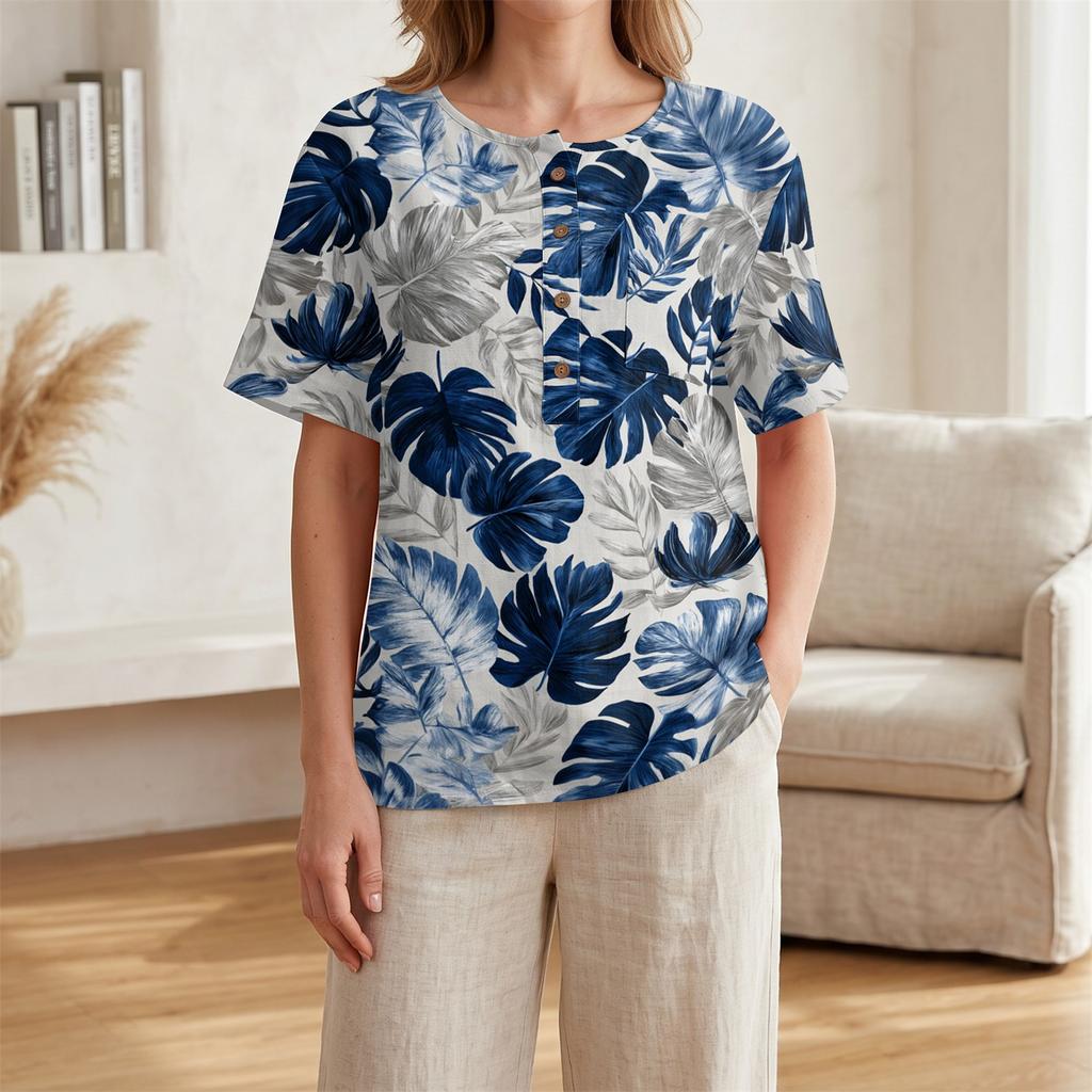 Damen Kurzarm Henley-Hemd mit Brusttasche Leichte Baumwoll-Leinen-Mischung Tropischer Print Lässiges Sommeroberteil