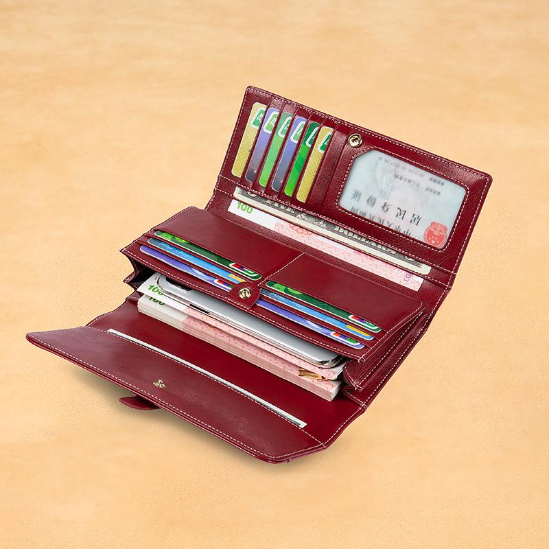 Portofel de damă, lung, ceară cu ulei, din piele naturală, retro, cu trei ori, de capacitate mare