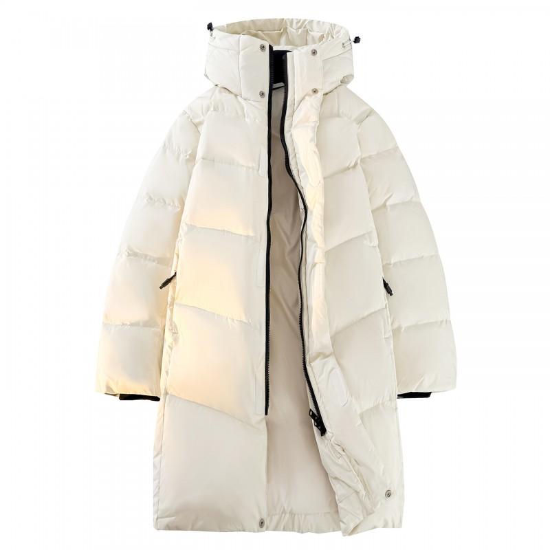 Men Women Winter Down Jacket 90% White Duck Hooded Mid-Length Loose Fit Warm Coat Cold Weather